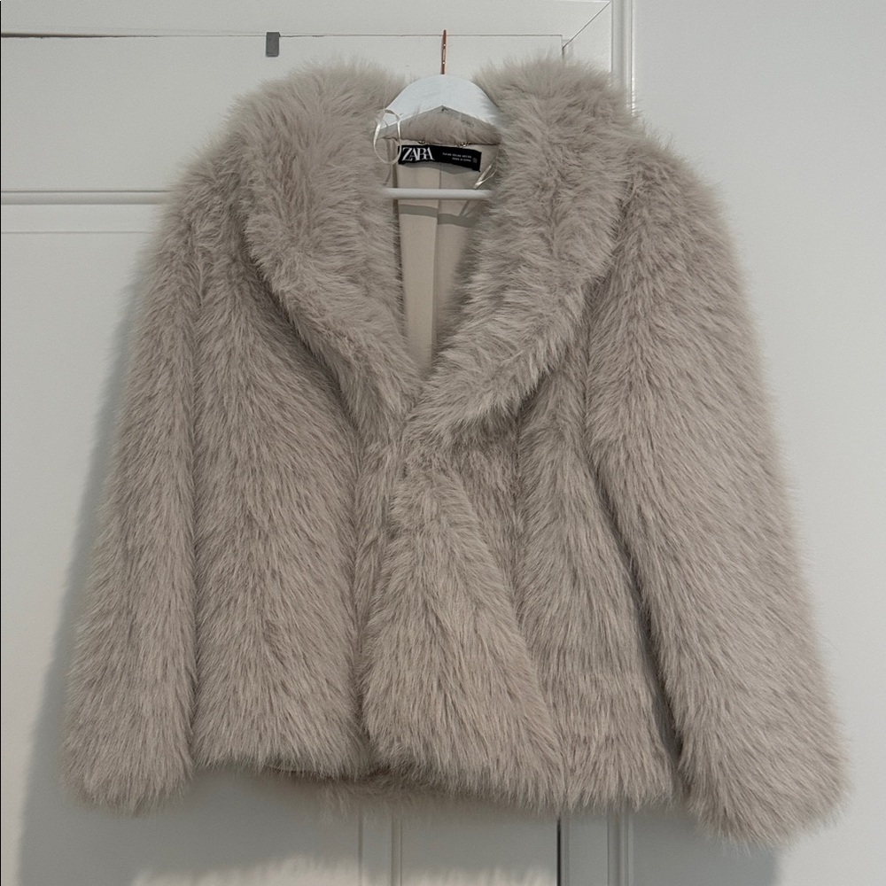 Zara Plush Faux Fur Jacket in Soft Gray